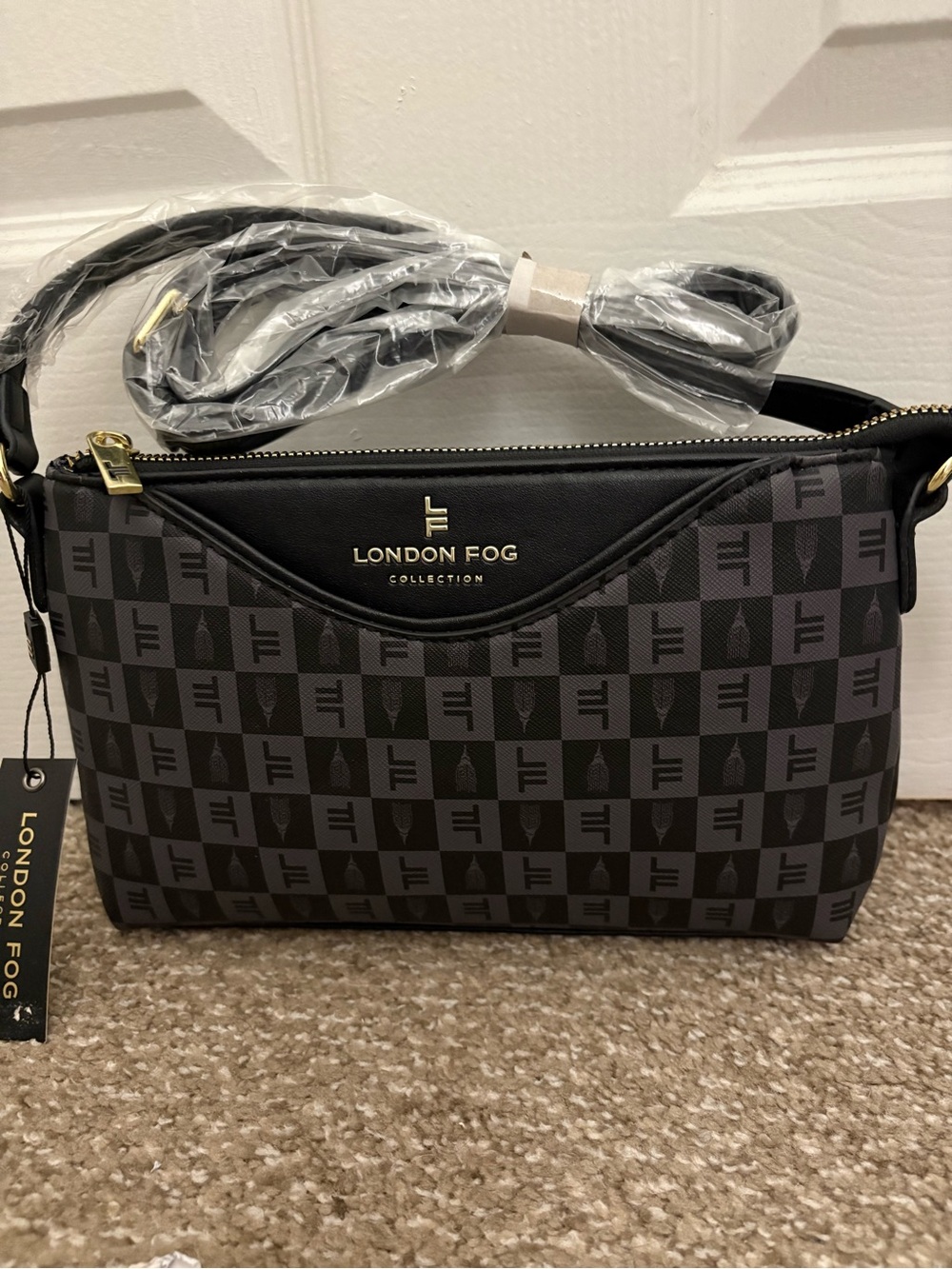 London Fog Black & Gray Logo Checker Crossbody